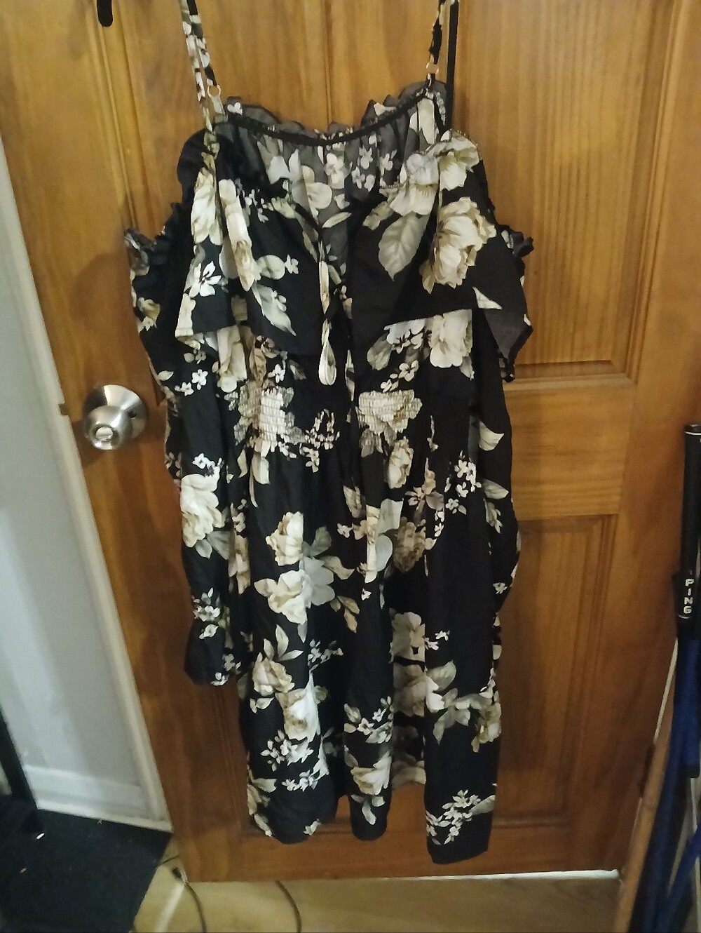 Floral Cold-Shoulder Midi Dress in Black and Cream
